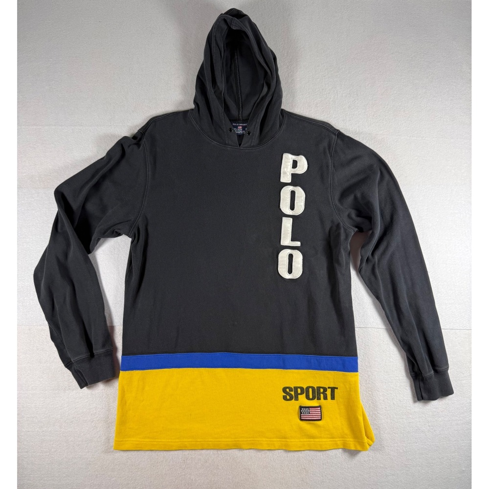 Polo Sport Ralph Lauren Vintage Hoodie Shirt XL Black Yellow Colorblock 90s